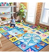 Kids Playroom Rug 4x6 Blue Rugs for Boys Girls Bedroom Child Play Mat Educational and Fun Baby Ca...