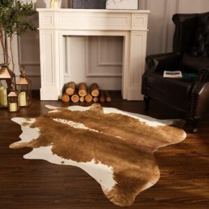 Leatherhubz-BENRON Premium Faux Cowhide Rug, Cow Print, Rustic Western Rugs, 4.6 x 5.2ft, Khaki Brown