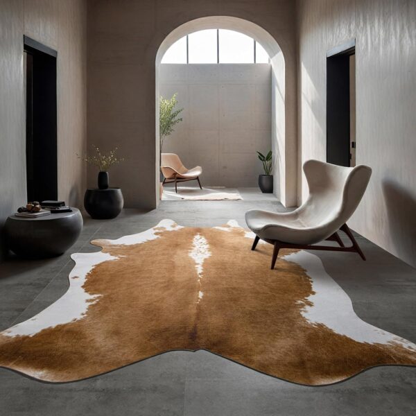 Leatherhubz-BENRON Premium Faux Cowhide Rug, Cow Print, Rustic Western Rugs, 4.6 x 5.2ft, Khaki Brown - Image 4