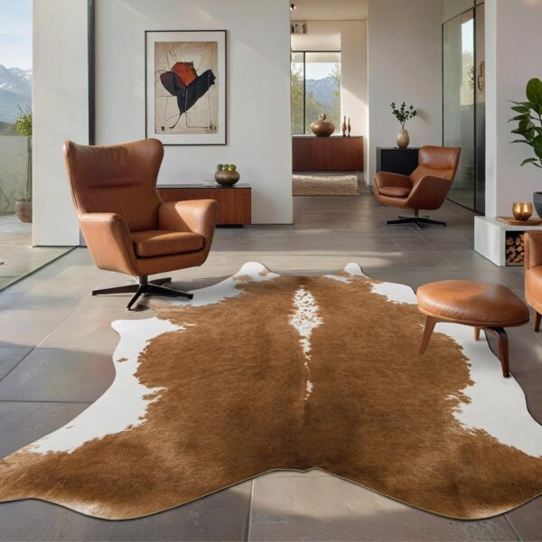 Leatherhubz-BENRON Premium Faux Cowhide Rug, Cow Print, Rustic Western Rugs, 4.6 x 5.2ft, Khaki Brown - Image 2