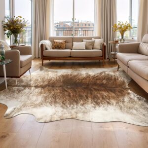 Leatherhubz-AROGAN 8x10 Feet Faux Cowhide Area Rugs for Living Room, Animal Skins Cow Hide Rug for Bedroom, Cool Western Christmas Decor, Thin Leather Cow Hide Carpets Fireplace Rug, Brownish