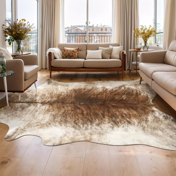 Leatherhubz-AROGAN 8x10 Feet Faux Cowhide Area Rugs for Living Room, Animal Skins Cow Hide Rug for Bedroom, Cool Western Christmas Decor, Thin Leather Cow Hide Carpets Fireplace Rug, Brownish