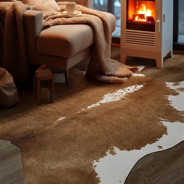 Leatherhubz-BENRON Premium Faux Cowhide Rug, Cow Print, Rustic Western Rugs, 4.6 x 5.2ft, Khaki Brown - Image 5